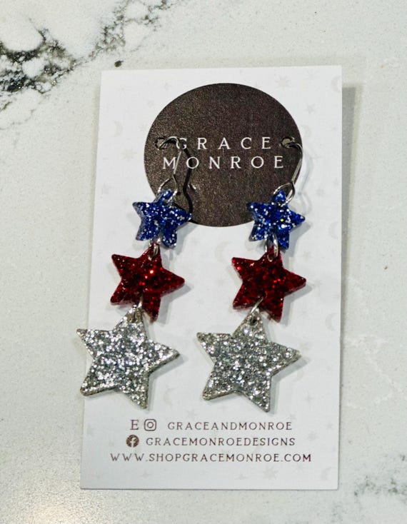 Red White Blue Glitter Star Acrylic Earrings/Trending Fourth of July Earrings/Patriotic Earrings/USA Earrings/Independence Day Star Earrings