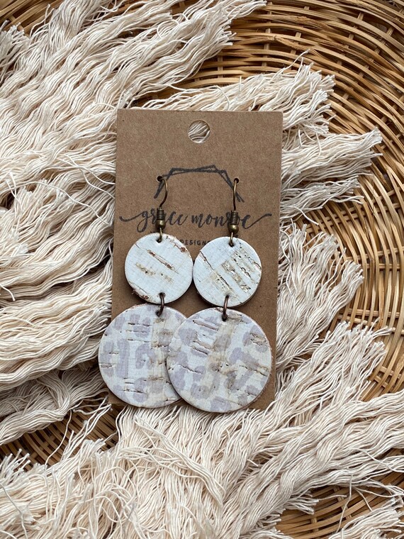 White Birch Leopard Leather Cork Earrings, White Cork Earrings, Leopard Earrings, White Earrings, Boho Chic Earrings, Spring Earrings,