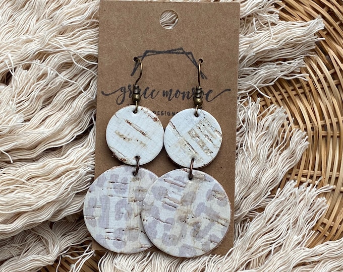 White Birch Leopard Leather Cork Earrings, White Cork Earrings, Leopard Earrings, White Earrings, Boho Chic Earrings, Spring Earrings,