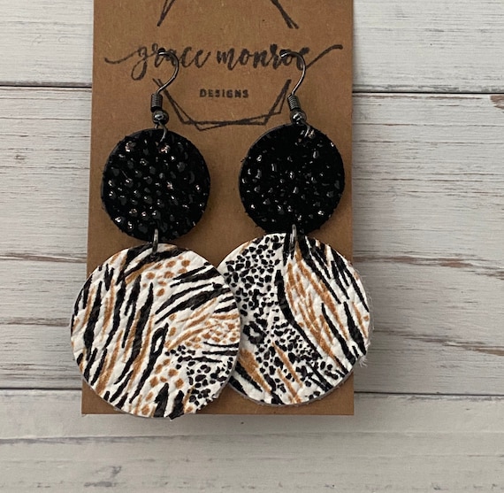 Leopard Frenzy Double Circle Leather Earrings, Cowhide Earrings, Leopard Earrings, Zebra Stripe Earrings, Trending Earrings, Leather Dangles