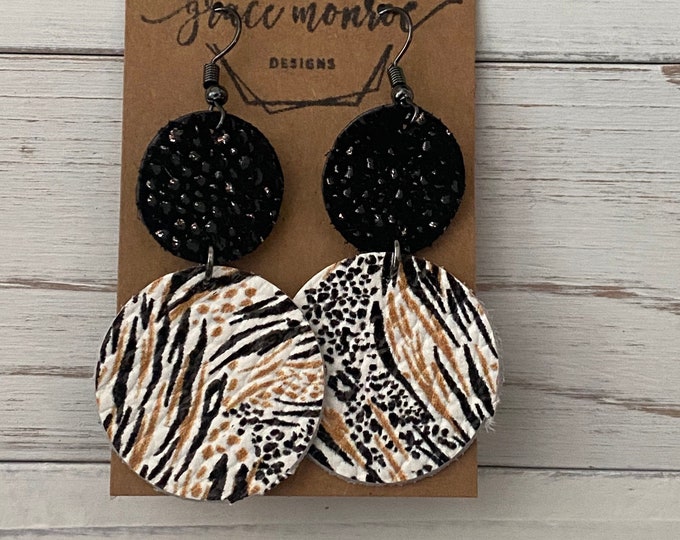 Leopard Frenzy Double Circle Leather Earrings, Cowhide Earrings, Leopard Earrings, Zebra Stripe Earrings, Trending Earrings, Leather Dangles
