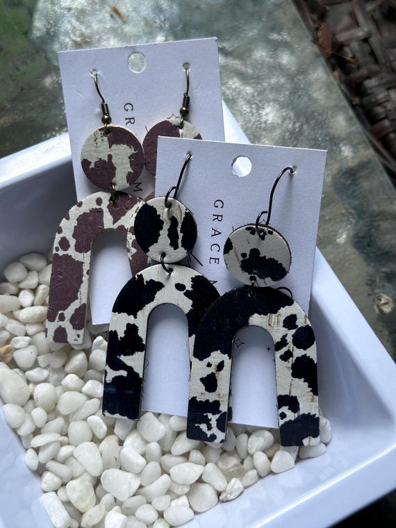 Cow Print Leather Arch Earrings/U Shaped Earrings/Black Brown Cow Print Earrings/Western Jewelry/Cattle Ranch Wear/Cattle Farm Earrings