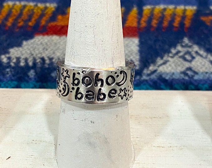 Boho Babe Metal Stamped Ring, boho Ring, celestial ring, star ring, moon ring, boho gift, handstamped ring, boho hippie, boho babe, boho