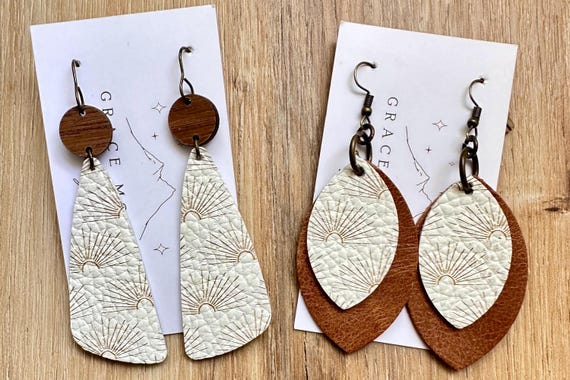 Boho Sunburst Angle of Double Leaf Leather Earrings/Brown Leather Leaf Earrings/Boho Chic Sunburst Earrings/Sunburst Angle Leather Earrings