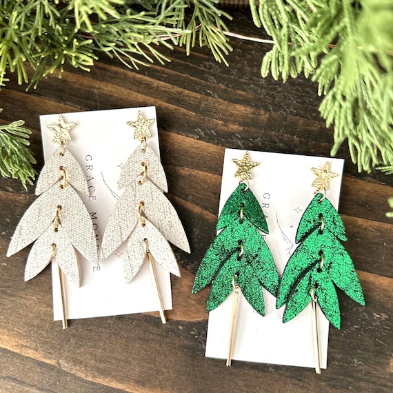 Genuine Leather Cork Back Christmas Tree Earrings/Green Christmas Tree Earrings/White Christmas Tree Earrings/Trending Holiday Dangle Gift