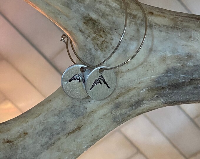 Handstamped Mountain Hoop Earrings, Minimalist Earrings, Boho Hippie, Western Jewelry, Hoop Earrings, Mountain Jewelry, Mountain Lovers Gift