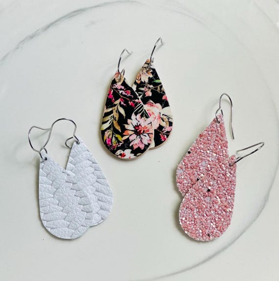 Three pack mini leather tear drop earrings/petite multipack earrings/triple pack teardrop dangles/floral glitter leather tear drop gift sets