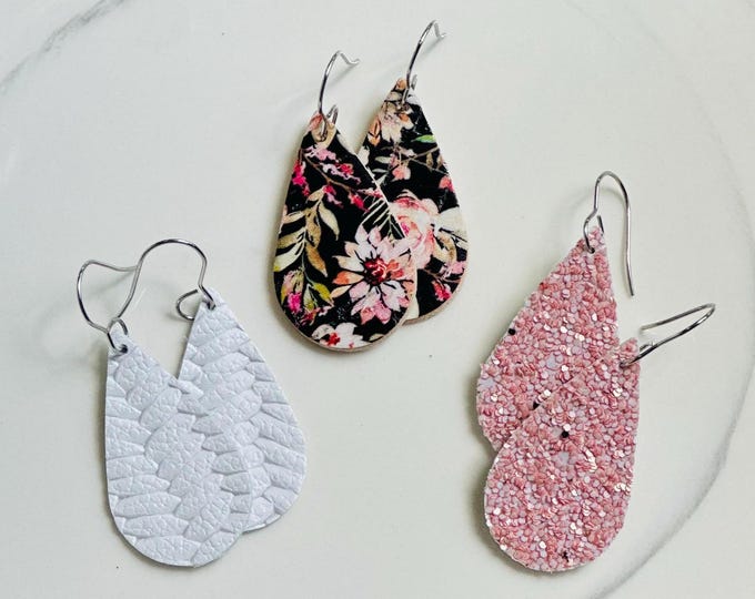 Three pack mini leather tear drop earrings/petite multipack earrings/triple pack teardrop dangles/floral glitter leather tear drop gift sets