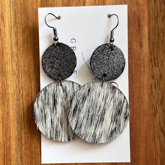 Black Shimmer Cowhide Leather Earrings/Black and White Leather Earrings/Circle Dangle Earrings, Western Boho Chic Earrings/Trending Earrings