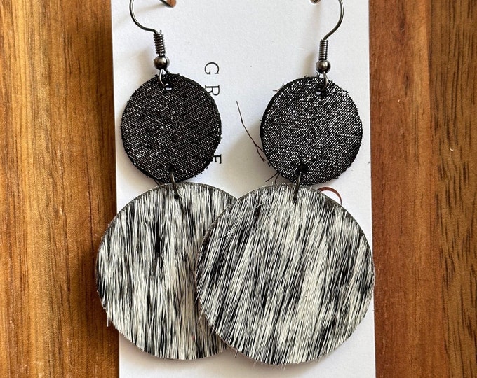 Black Shimmer Cowhide Leather Earrings/Black and White Leather Earrings/Circle Dangle Earrings, Western Boho Chic Earrings/Trending Earrings