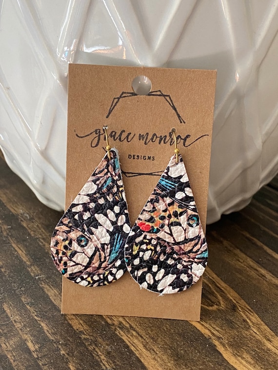 Leather Teardrop Butterfly Earrings, Teardrop Earrings, Butterfly Pattern Earrings, Boho Earrings, Nature Earrings, Eclectic Earrings, Gift