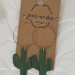 Leather Cactus Hoop Earrings, Cactus Gift, Gold Hoop Earrings, Cactus Dangles, Southwest Earrings, Cowgirl Earrings, Desert Earrings, Boho