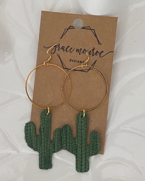 Leather Cactus Hoop Earrings, Cactus Gift, Gold Hoop Earrings, Cactus Dangles, Southwest Earrings, Cowgirl Earrings, Desert Earrings, Boho