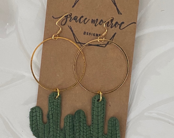 Leather Cactus Hoop Earrings, Cactus Gift, Gold Hoop Earrings, Cactus Dangles, Southwest Earrings, Cowgirl Earrings, Desert Earrings, Boho