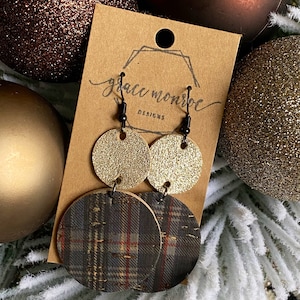 Gold Shimmer Wallace Navy Plaid Cowhide Earrings, Christmas Earrings, Holiday Earrings, Navy Plaid Earrings, Gift, Trending Earrings, Cork