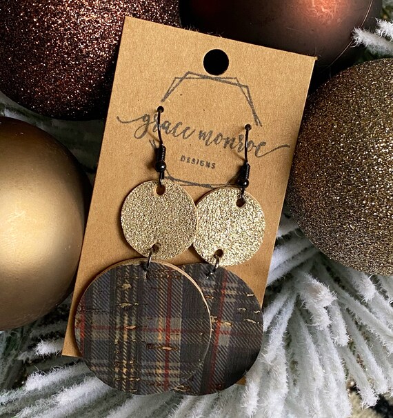 Gold Shimmer Wallace Navy Plaid Cowhide Earrings, Christmas Earrings, Holiday Earrings, Navy Plaid Earrings, Gift, Trending Earrings, Cork