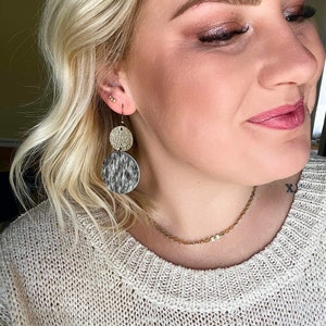 Gold Shimmer Cowhide Leather Earrings/Western Boho Chic Earrings/Leather Circle Drop Earrings/Hot Seller Trending Earrings/Holiday Earrings