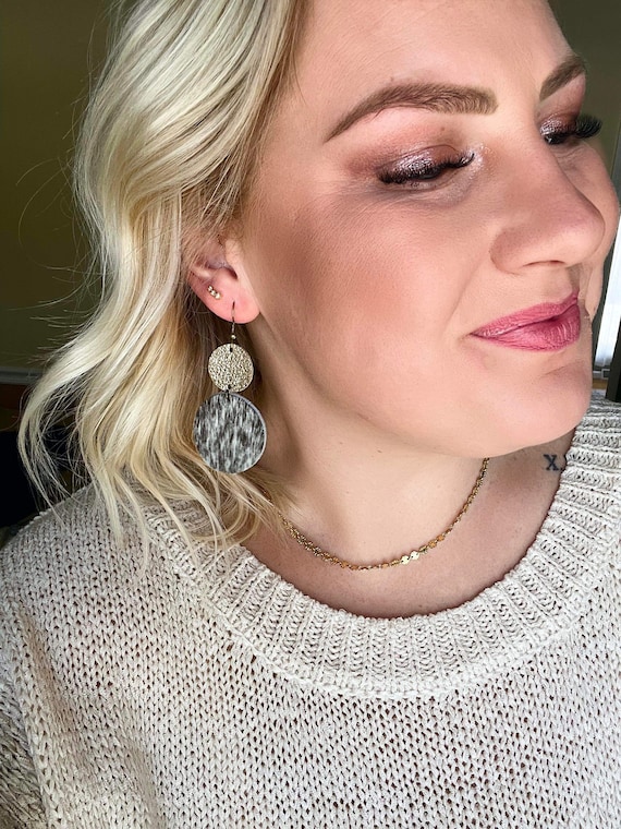 Gold Shimmer Cowhide Leather Earrings/Western Chic Earrings/Western Boho Earrings/Circle Cowhide Dangle Earrings/Hot Trending Earrings
