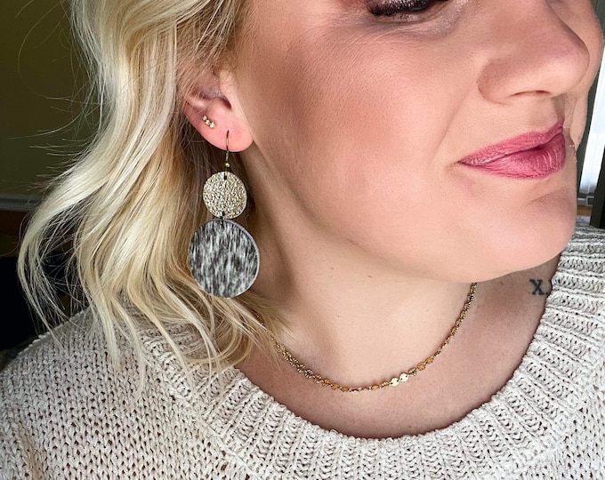 Gold Shimmer Cowhide Leather Earrings/Western Chic Earrings/Western Boho Earrings/Circle Cowhide Dangle Earrings/Hot Trending Earrings