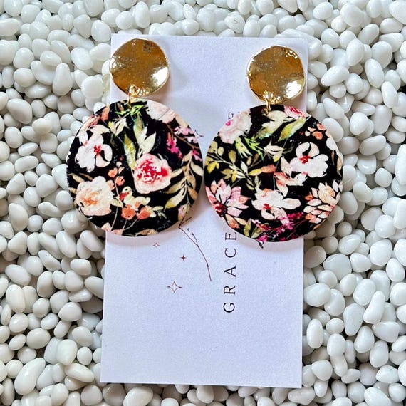 Genuine Leather Fall Floral Gold Dangle Earrings/Wood Boho Leather Earrings/Trending Fall Earrings/Black Pink White Floral Dangle Earrings