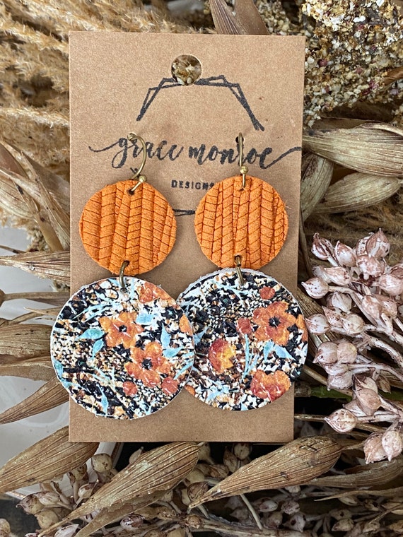 Fall Floral Leather Earrings, Floral Earrings, Fall Jewelry, Fall Dangle Drop Earrings, Orange and Floral Fall Earrings, Trending Earrings