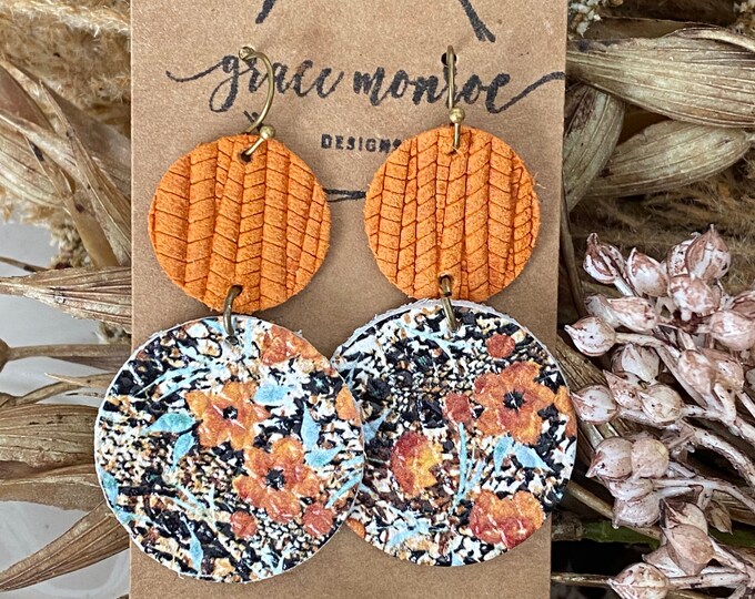 Fall Floral Leather Earrings, Floral Earrings, Fall Jewelry, Fall Dangle Drop Earrings, Orange and Floral Fall Earrings, Trending Earrings