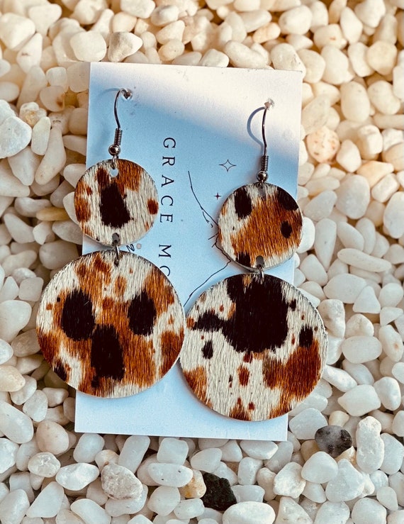 Brindle Hair on Hide Leather Dangles, Brown Black White Hair on Hide, Cowgirl Earrings, Western Chic, Trending Earrings, Tri-Color Leather