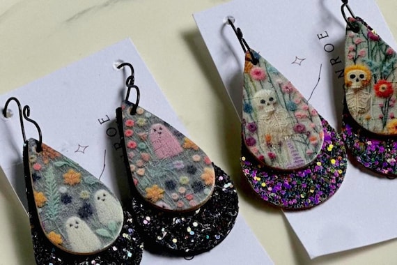 Interchangeable Boho Floral Spooky Cute Ghost or Skeleton Halloween Glitter Leather Double Leaf Teardrop Earrings/Trending Halloween Earring