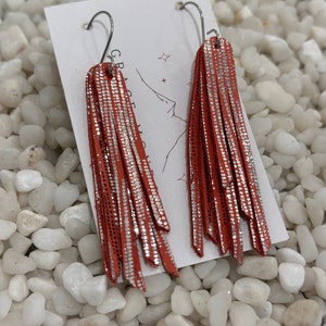 Metallic Coral Leather Fringe Earrings, Dainty Fringe Earrings, Trending Earrings, Bridal Chic Earring, Holiday Chic Earring, Prom Earrings