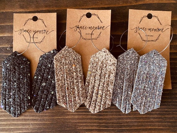 Glitter Leather Fringe Earrings/Bridal Earrings/Prom Earrings/Holiday Earrings/NYE Earrings/Silver Glitter Earrings/Black Glitter Earrings