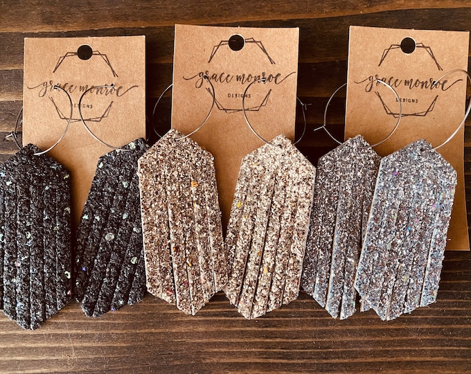 Glitter Leather Fringe Earrings/Bridal Earrings/Prom Earrings/Holiday Earrings/NYE Earrings/Silver Glitter Earrings/Black Glitter Earrings