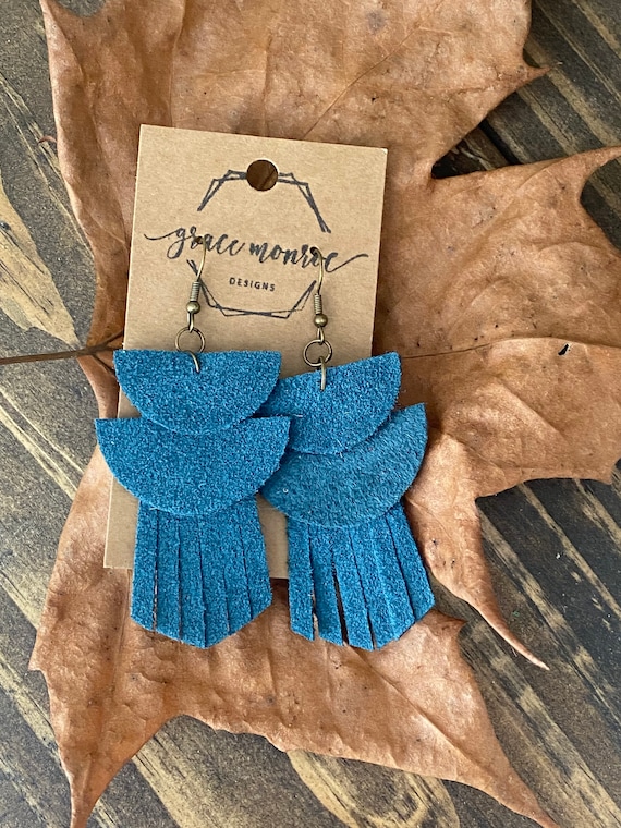 Triple layer fringe earring, leather earrings, fall earrings, geometric earrings, boho hippie, western earrings, teal leather earrings