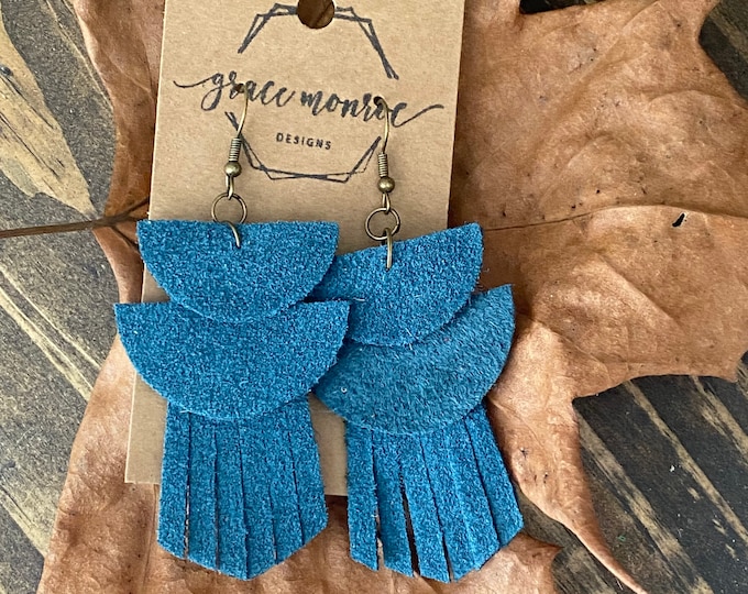 Triple layer fringe earring, leather earrings, fall earrings, geometric earrings, boho hippie, western earrings, teal leather earrings