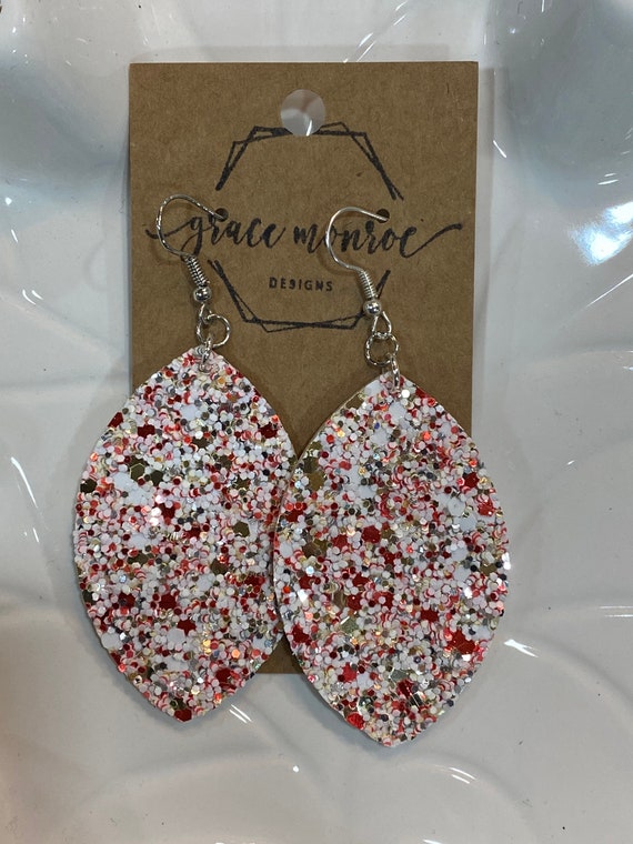 Christmas Glitter Leather Earrings, Silver Red White Corked Leather Earrings, Holiday Earrings, Trendy Leaf Earrings, Festive Earrings, Gift
