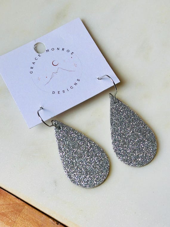 Petite Silver Glitter and Matte Double Sided Leather Earrings/Silver Teardrop Dangle Earrings/Hypoallergenic Earrings/Trending Earrings