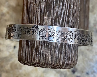 Handstamped Succulent Bracelet Cuff/Succulent Jewelry/Cute Botanist Gift/House Plant Lover Gift/Trending Plant Jewelry/Cactus Jewelry Gift/