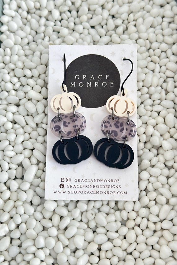Acrylic Triple Drop Cream Leopard and Black Pumpkin Earrings/Thanksgiving Earrings/Dangle Pumpkin Earrings/Trending Fall Statement Earrings