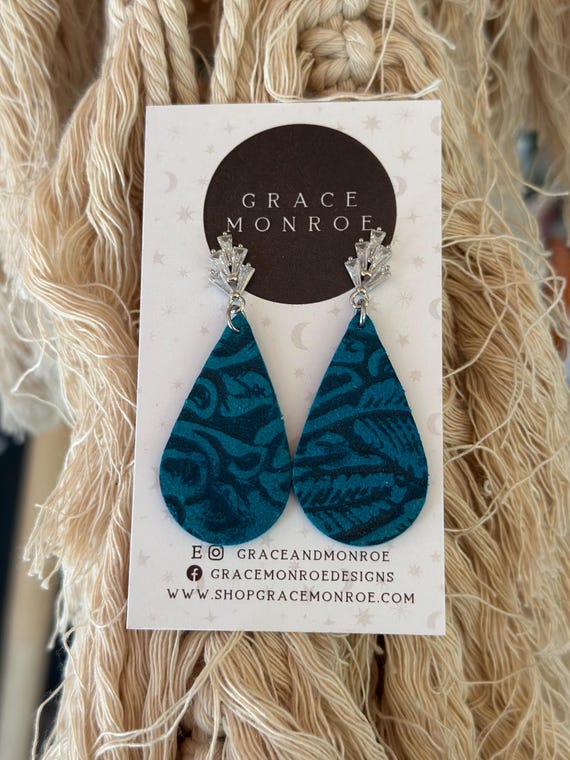 Petite Turquoise Tooled Genuine Leather Teardrop Dangle Earrings Rhinestone Connector/Western Chic Earrings/Trending Leather Earrings/Bridal