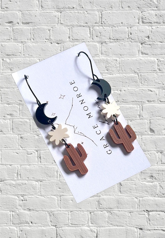 Boho Moon Flower Cactus Acrylic Earrings/Western Chic Dangle Earring/Trending Fall Earrings/Boho Chic Earrings/Moon Earrings/Cactus Earrings