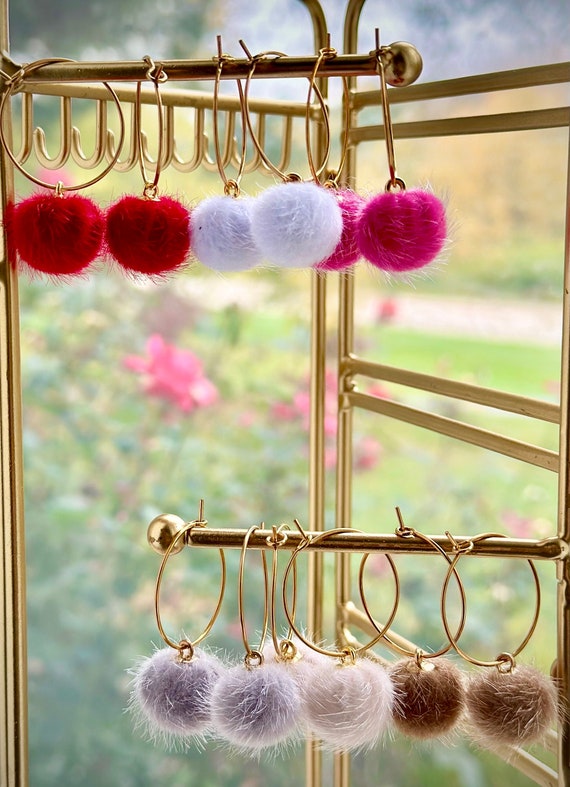 Mini Pom-Pom Hoop Earrings/Pom-Pom Earrings/Multi-Color Pom Earrings, Dainty Pom-Pom Earrings/Festive Pom-Pom Earrings/Pom-Pom Hoop Earrings