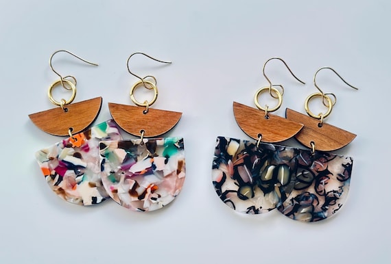 Deco Acrylic Wood Dangle Earrings/Floral Tropical Multicolor Acrylic Earrings/Trendy Summer Vacation Dangle Earrings/Hypoallergenic Earrings