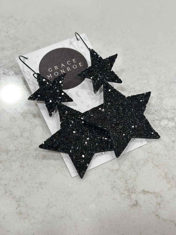 Black Glitter Leather Double Star Earrings/Trending Earrings/Western Earrings/Star Earrings/Concert Earrings/Party Earrings/Event Earrings