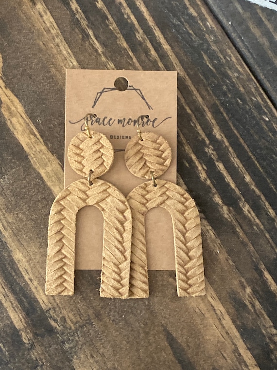 Tan Boho Leather Arch Braided Earrings, Tan Leather Earrings, U Shaped Earrings, Eclectic Earrings, Dangle Earrings, Fall Inspired Earrings