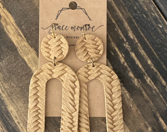 Tan Boho Leather Arch Braided Earrings, Tan Leather Earrings, U Shaped Earrings, Eclectic Earrings, Dangle Earrings, Fall Inspired Earrings