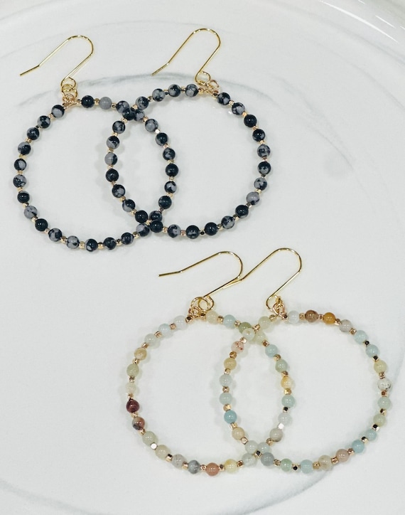Beaded Lightweight Hoop Earrings/Black Gold Beaded Earrings/Chic Trending Beaded Earrings/Summer Boho Blue Coral White Beaded Hoops Earrings
