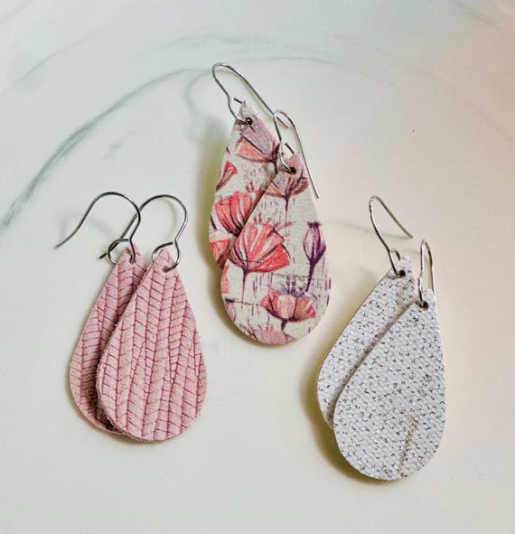 Three pack mini leather tear drop earrings/petite multipack earrings/triple pack teardrop dangles/floral glitter leather tear drop gift sets
