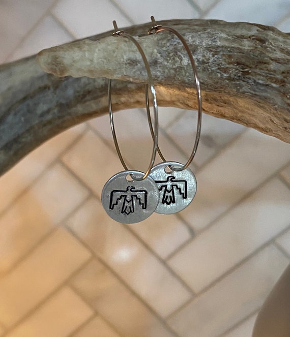 Handstamped Thunderbird Hoop Earrings, Minimalist Earrings, Boho Hippie, Western Jewelry, Hoop Earrings, Thunderbird Jewelry, Eagle Earrings