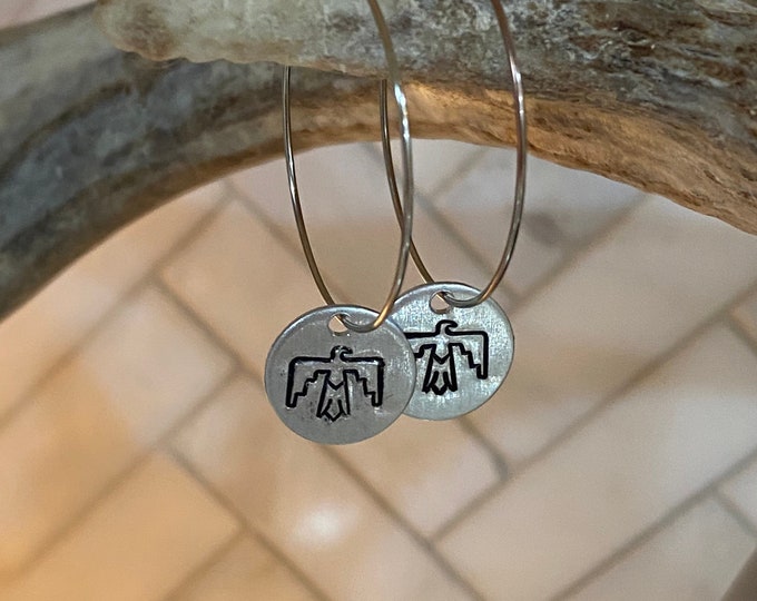 Handstamped Thunderbird Hoop Earrings, Minimalist Earrings, Boho Hippie, Western Jewelry, Hoop Earrings, Thunderbird Jewelry, Eagle Earrings