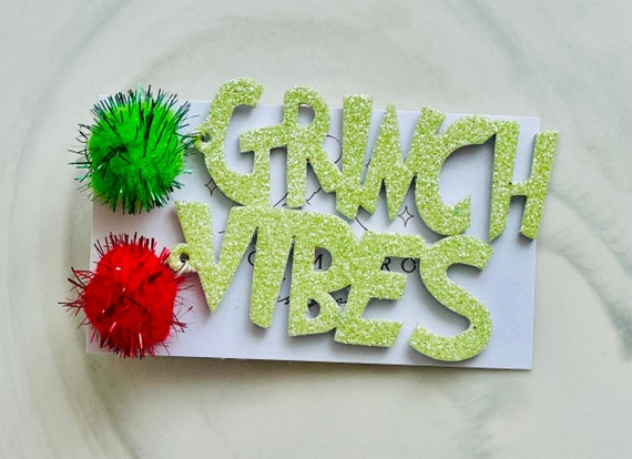 Christmas Grinch Glitter Metallic Leather Earrings/Red Green Pom Earring/Trending Holiday Grinch Earrings/Holiday Earrings/Mean One Earrings