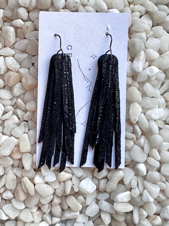 Black Shimmer Leather Fringe Earrings/Western Trending Earrings/Short Black Fringe Earrings/Boho Chic Black Fringe Earrings/Gothic Chic Gift